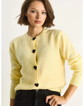 Pulover dama,  Cardigan tricotat, Regular Fit, Galben lamaie,