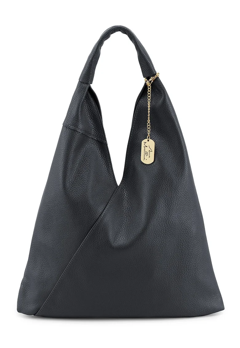 Geanta hobe de piele cu accesoriu logo metalic, Negru