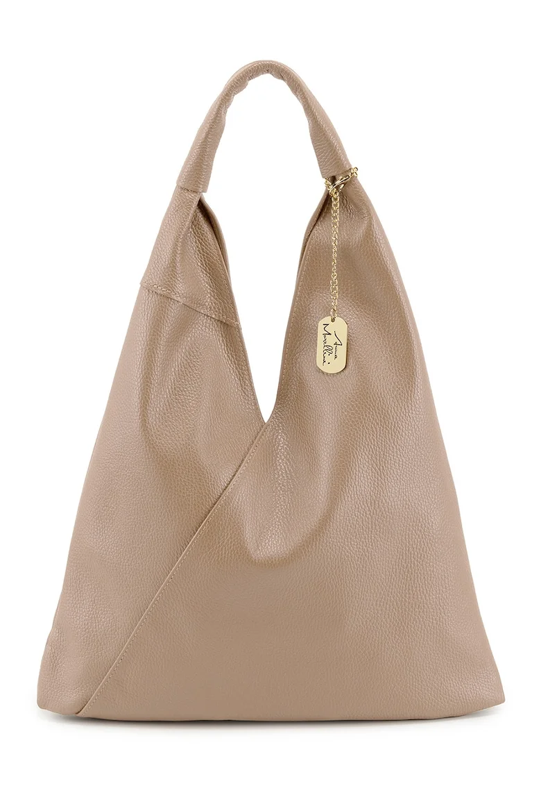 Geanta hobe de piele cu accesoriu logo metalic, Maro taupe deschis
