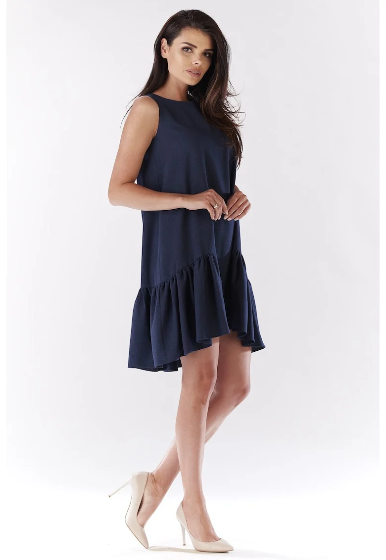 Rochie trapez mini,  A176, Bleumarin, material cu structura de in, croiala mascheaza imperfectiunile, volan elegant, bretele late, confortabila de vara, Bleumarin