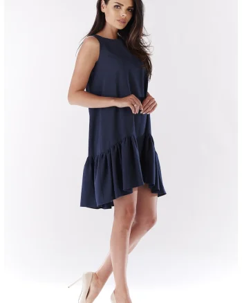 Rochie trapez mini,  A176, Bleumarin, material cu structura de in, croiala mascheaza imperfectiunile, volan elegant, bretele late, confortabila de vara, Bleumarin