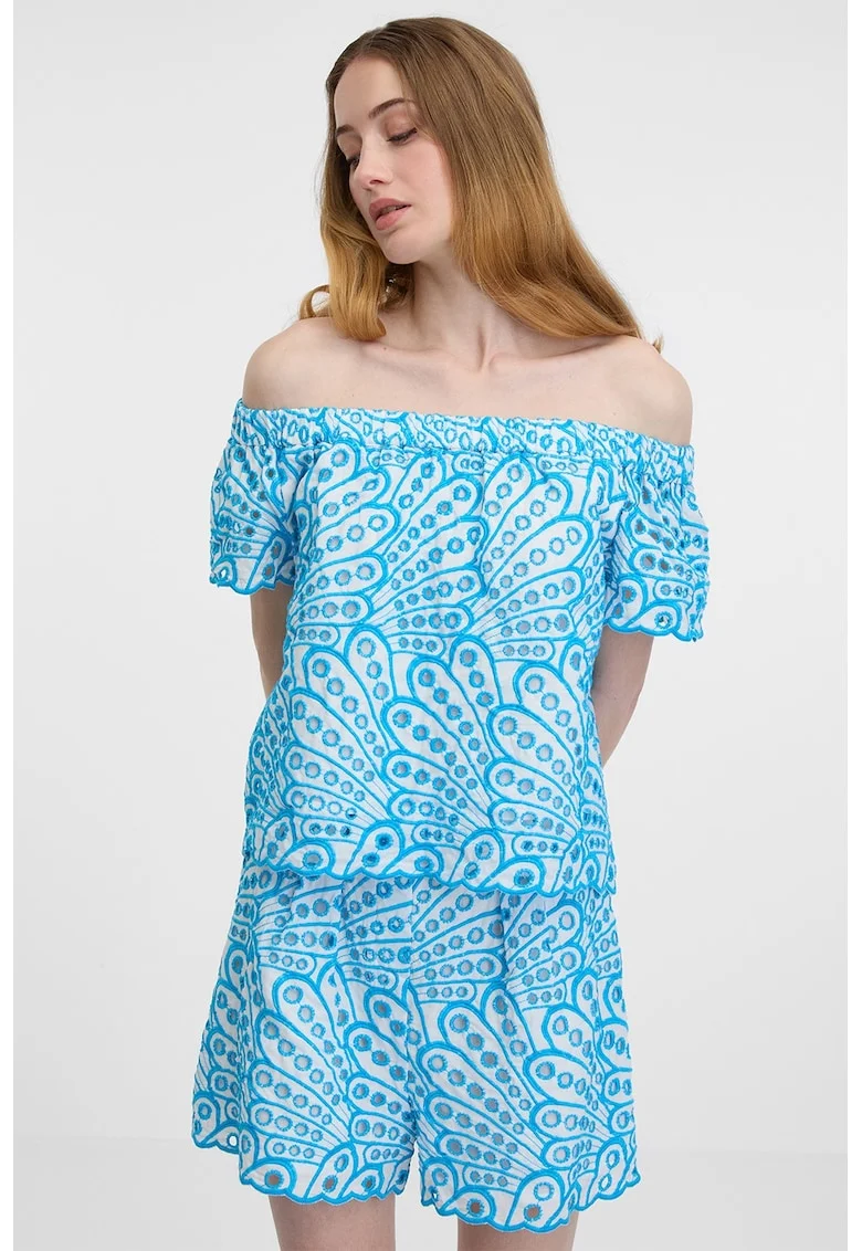 Bluza cu decolteu pe umeri si broderie Sangallo, Alb/Albastru