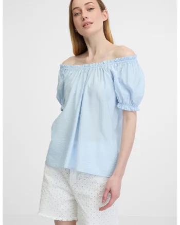 Bluza cu decolteu pe umeri si maneci bufante, Albastru pastel