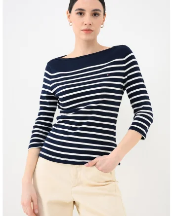 Bluza slim-fit de bumbac cu maneci trei sferturi, Alb optic/Albastru/Bleumarin