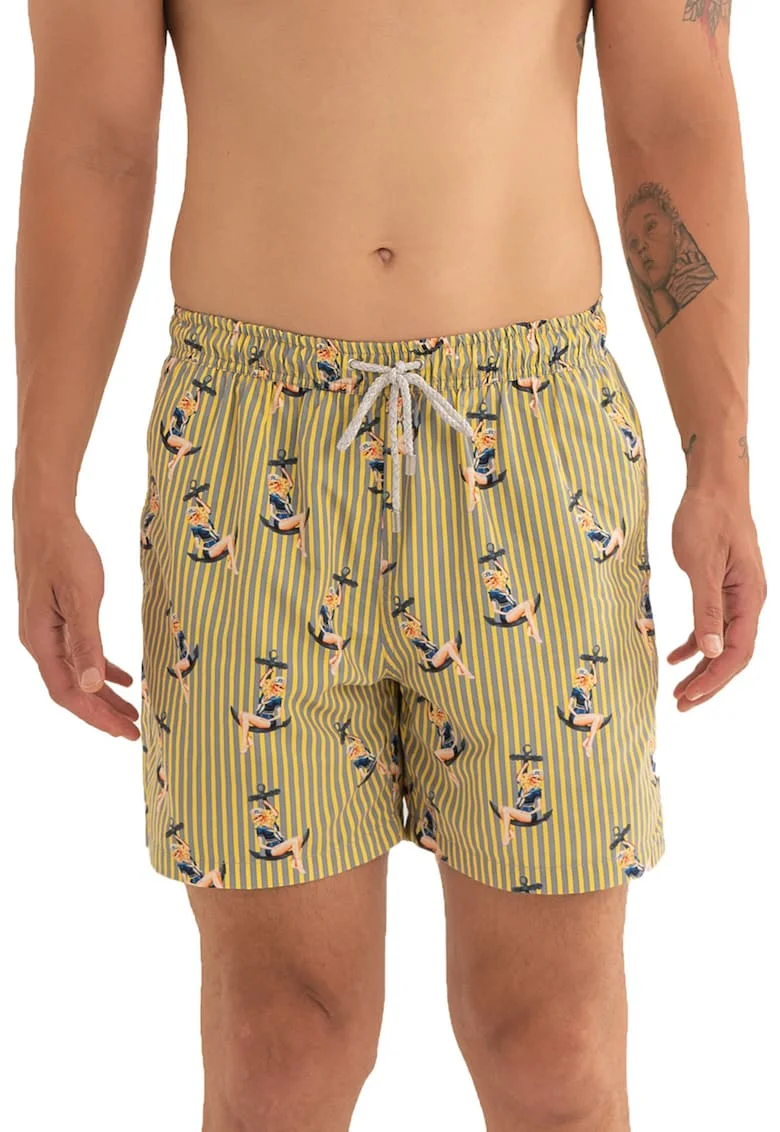 Pantaloni scurti de baie cu model si snur, Albastru lavanda/Galben mustar