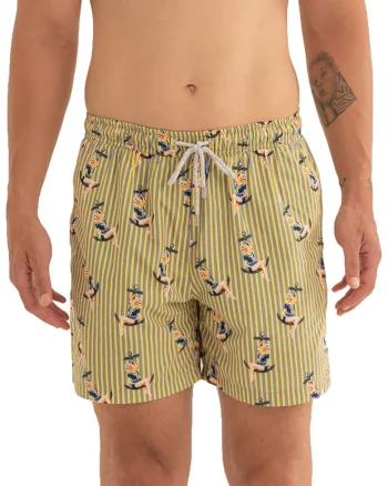Pantaloni scurti de baie cu model si snur, Albastru lavanda/Galben mustar