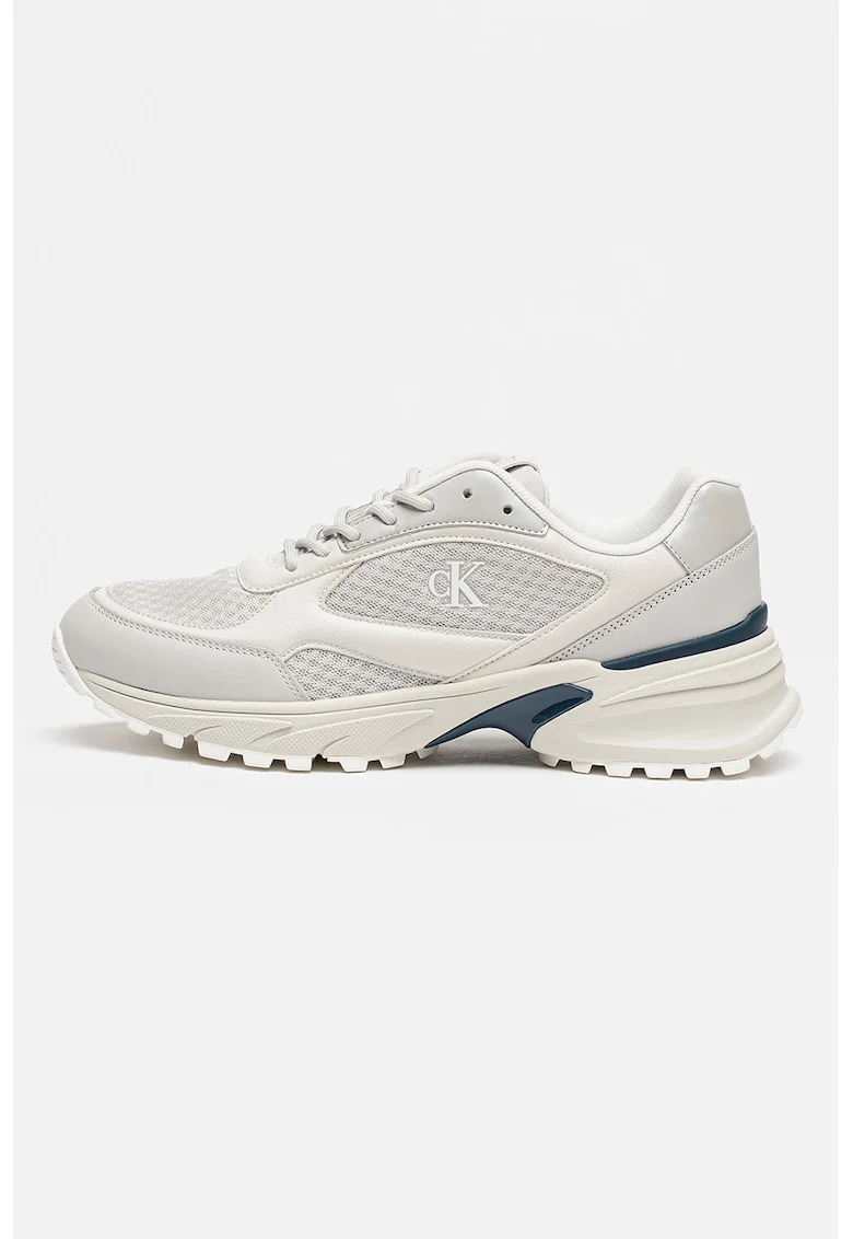 Pantofi sport de piele ecologica cu insertii de plasa, Grej/Argintiu