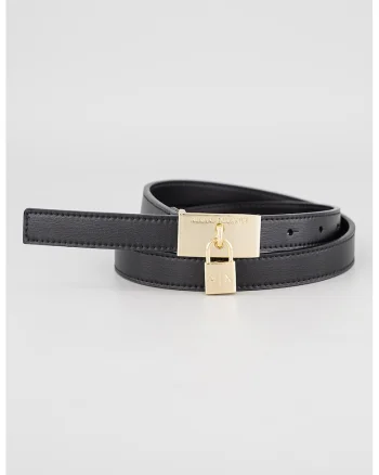Curea ingusta din piele ecologica cu accesoriu cu lacat, Negru