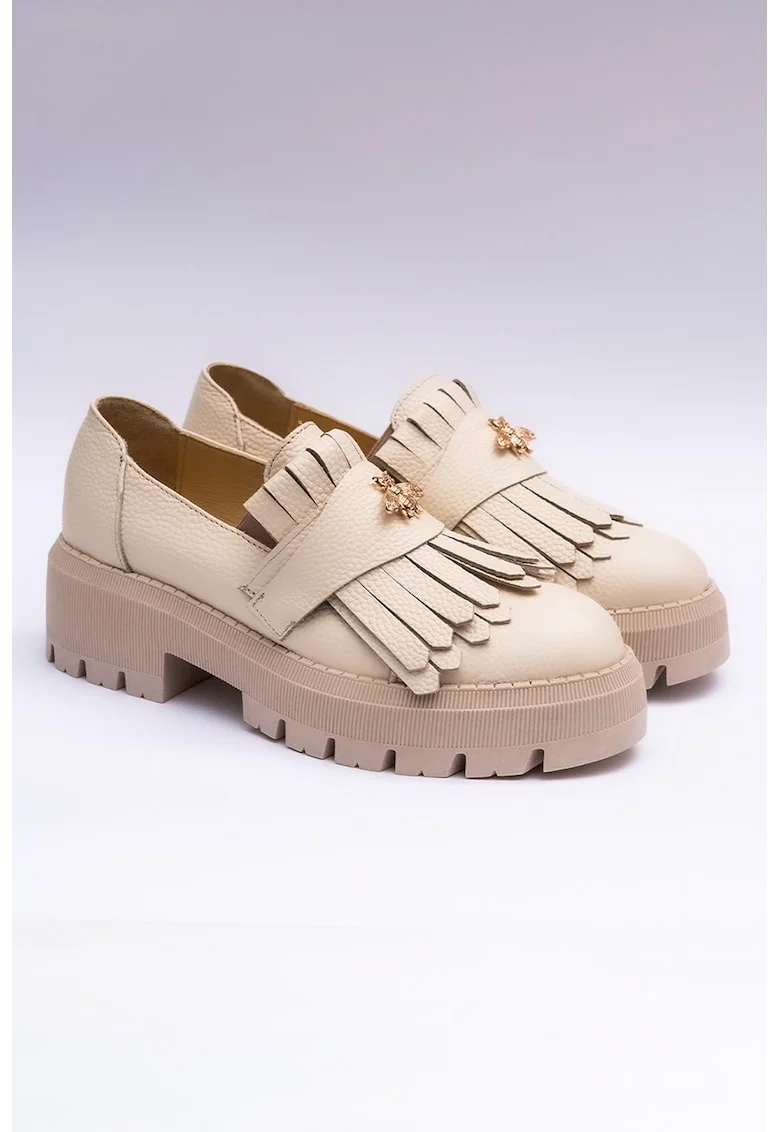 Pantofi loafer din piele cu franjuri, Bej