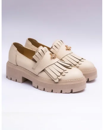 Pantofi loafer din piele cu franjuri, Bej