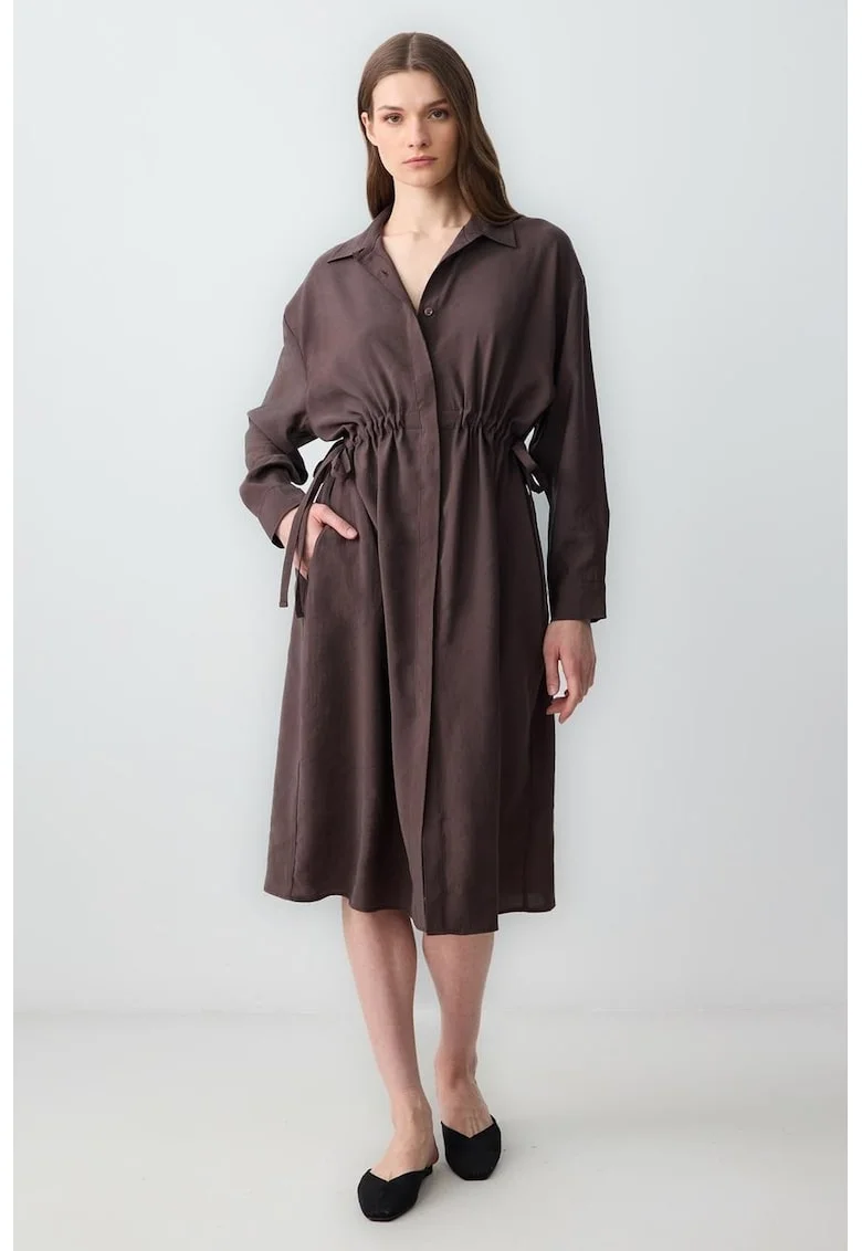 Rochie midi evazata cu decolteu in V, Maro inchis