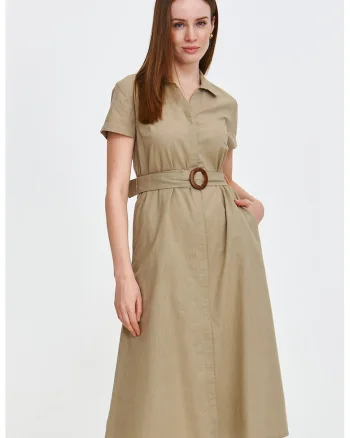 Rochie midi cu model si curea, Maro deschis