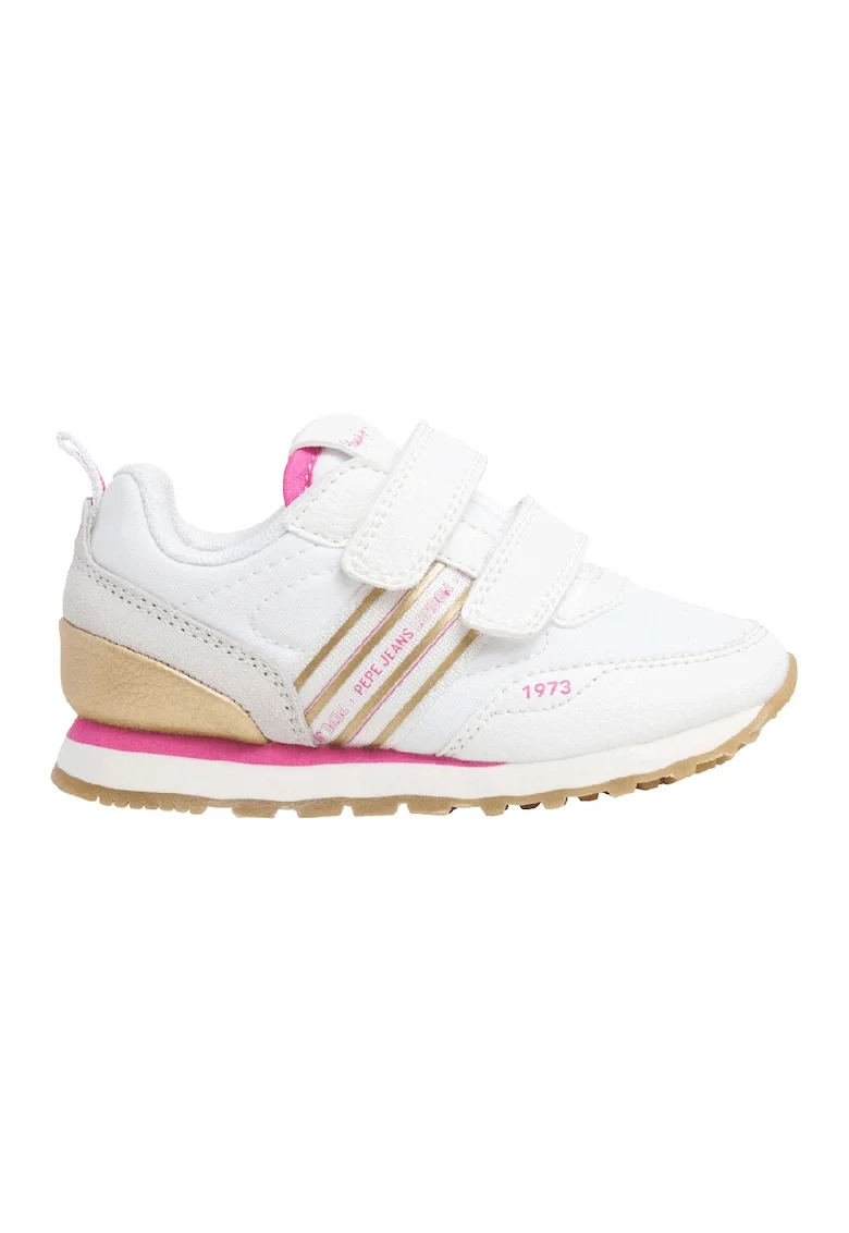 Pantofi sport cu insertii de material textil si cu velcro, Maro camel/Alb optic/Roz