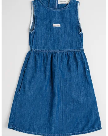 Rochie evazata din denim din amestec de lyocell si in, Albastru petrol