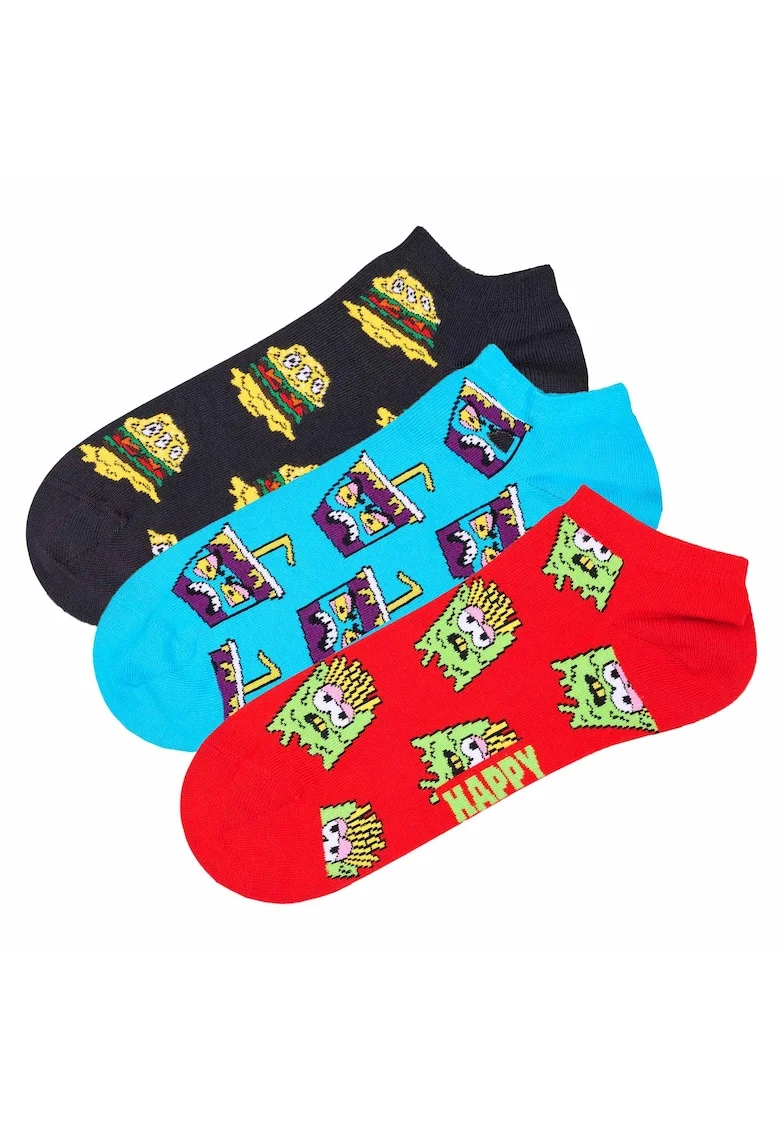 Set de sosete pana la glezna unisex cu imprimeu grafic - 3 perechi, Negru/Turcoaz/Rosu vermillion
