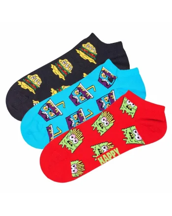 Set de sosete pana la glezna unisex cu imprimeu grafic - 3 perechi, Negru/Turcoaz/Rosu vermillion
