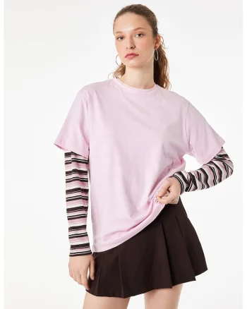Tricou din amestec de bumbac cu decolteu la baza gatului, Roz deschis