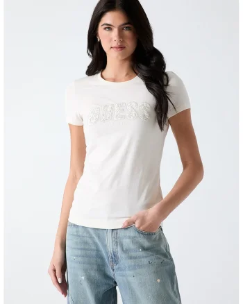 Tricou slim fit cu logo cu strasuri, Crem