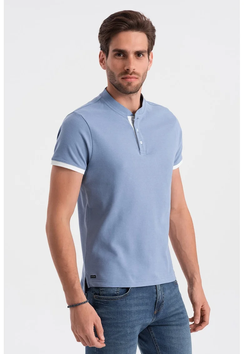 Tricou de bumbac cu fenta cu nasturi, Albastru pastel