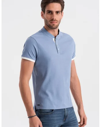 Tricou de bumbac cu fenta cu nasturi, Albastru pastel