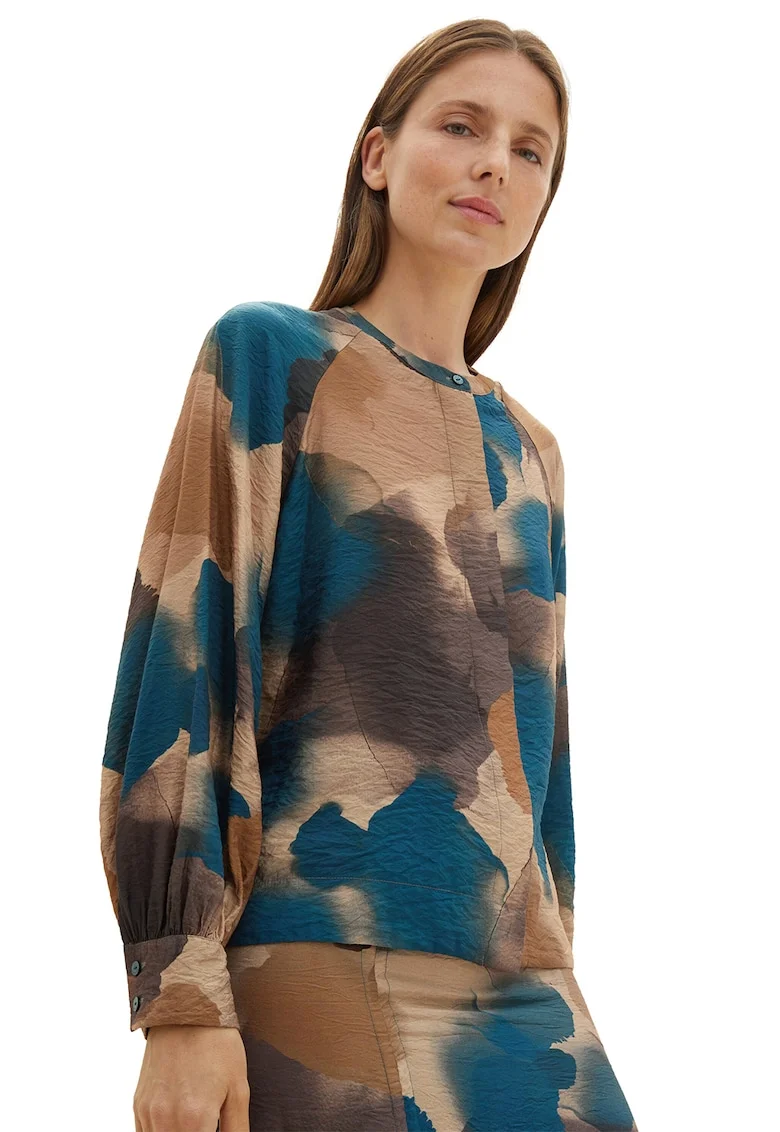 Bluza cu model watercolor, Maro/Albastru petrol