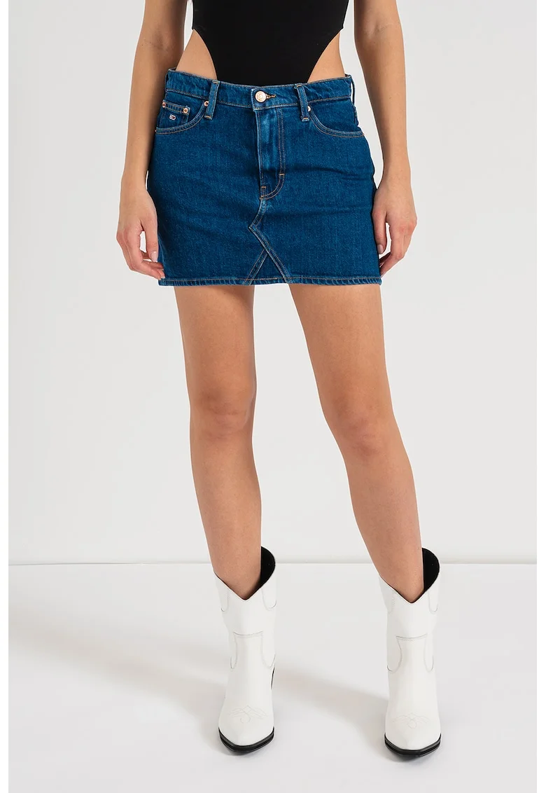 Fusta din denim cu talie joasa, Albastru inchis