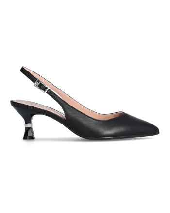 Pantofi slingback din piele cu varf ascutit si toc kitten, Negru