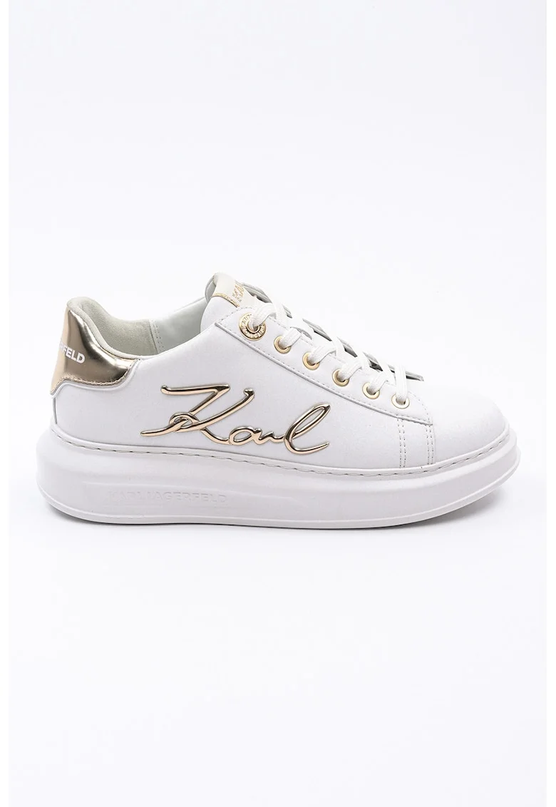 Pantofi sport din piele cu aplicatie logo metalica, Alb/Auriu