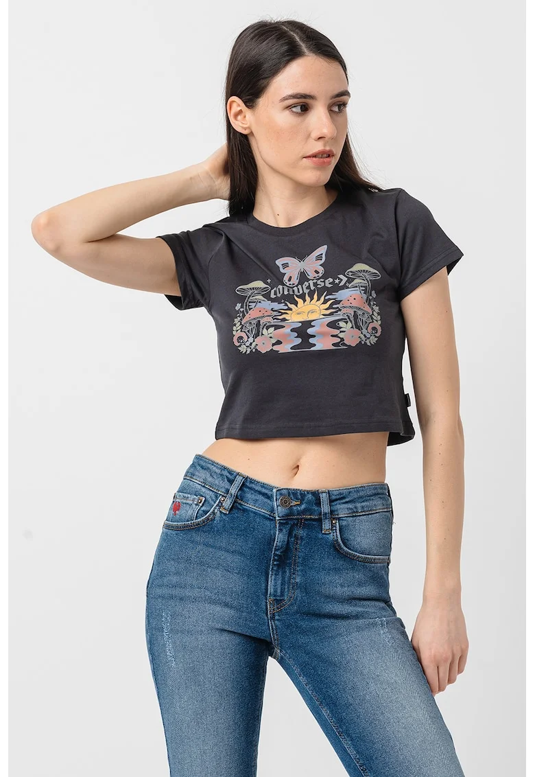 Tricou crop cu imprimeu grafic Blooming Skate, Verde/Negru/Albastru