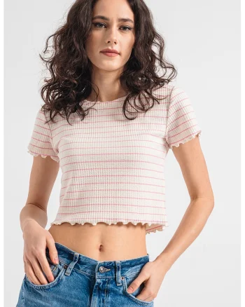 Tricou crop cu model in dungi, Roz/Crem