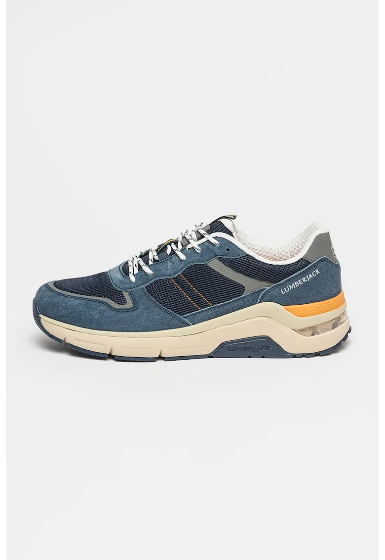 Pantofi sport cu model colorblock si insertii din piele intoarsa, Albastru prafuit/Portocaliu mandarina/Alb optic