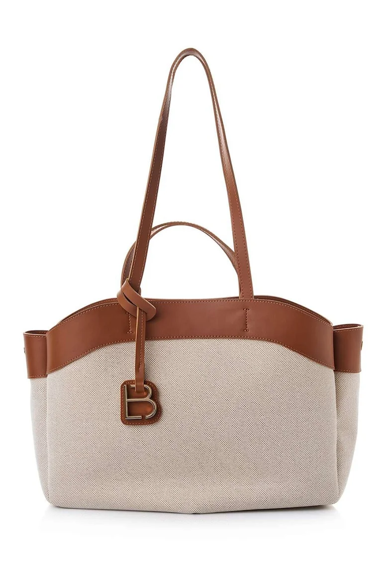 Geanta shopper cu garnituri din piele ecologica si talisman, deschis, Maro scortisoara/Bej deschis, 22 x 42 x 19 cm