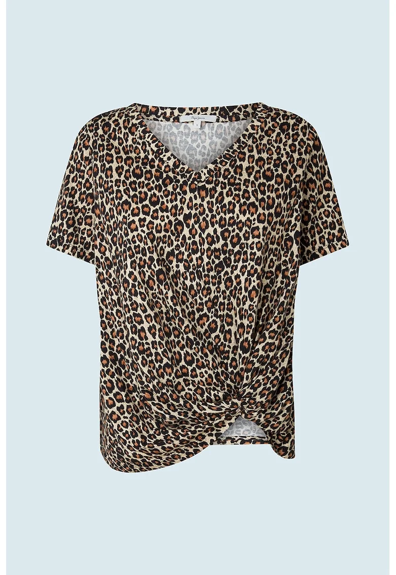 Tricou cu animal print si detaliu rasucit, Negru/Maro scortisoara/Crem