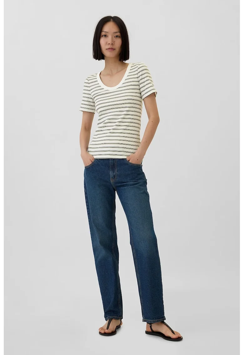 Tricou cu dungi si decolteu adanc, Alb/Kaki