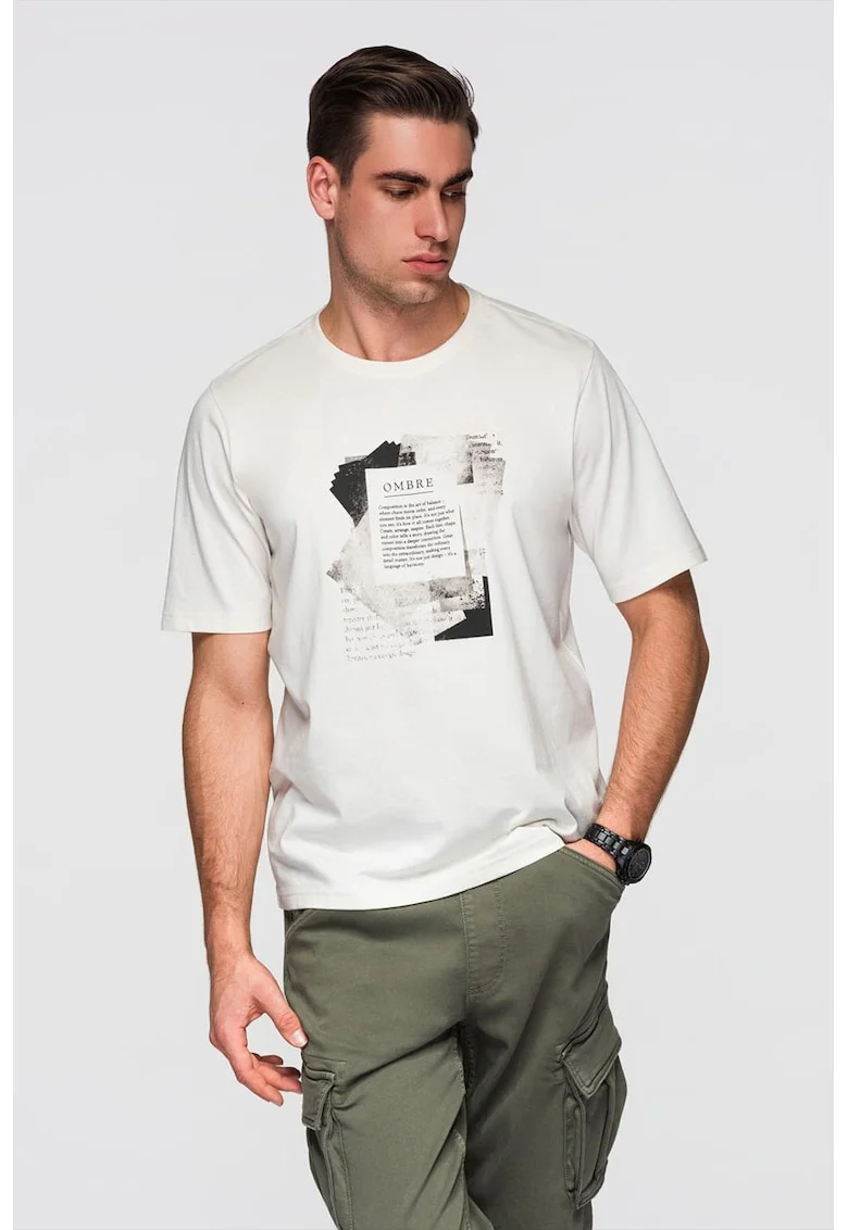 Tricou cu decolteu rotund si model grafic, Alb/Negru/Gri inchis