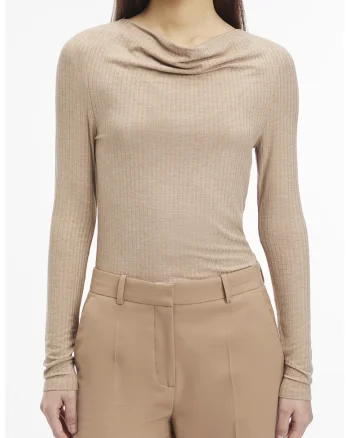 Bluza striata cu decolteu drapat, Bej
