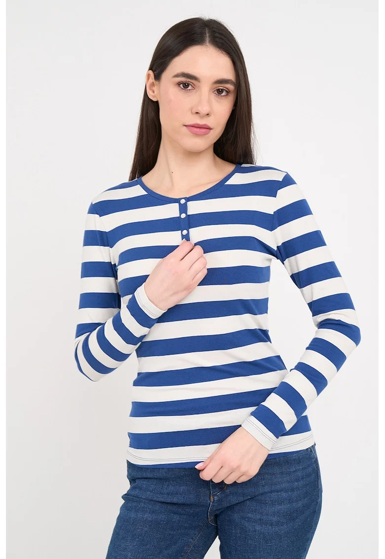 Bluza cu model in dungi si fenta scurta cu capse, Alb/Albastru royal