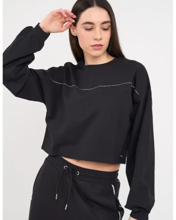 Bluza de trening crop cu aplicatie cu strasuri, Negru