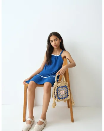Rochie din amestec de bumbac cu croiala dreapta, Alb/Bleumarin