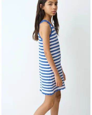 Rochie tricotata fara maneci, Alb/Albastru