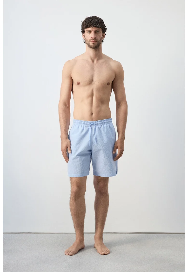 Pantaloni scurti de baie din amestec de bumbac cu talie ajustabila, Albastru deschis