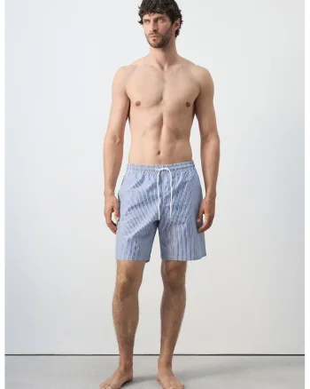 Pantaloni scurti de baie din amestec de bumbac cu talie ajustabila, Alb/Albastru