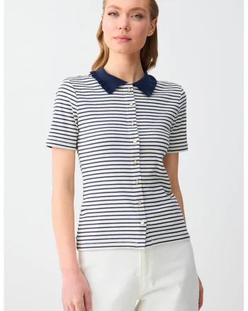 Bluza cambrata cu maneci scurte si nasturi, Alb/Albastru inchis