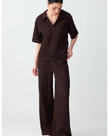 Pantaloni texturati cu croiala ampla, Maro inchis