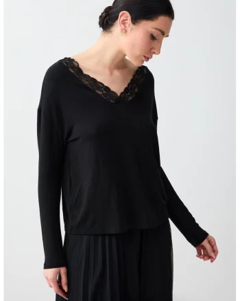 Bluza cu decolteu in V si garnituri de dantela, Negru