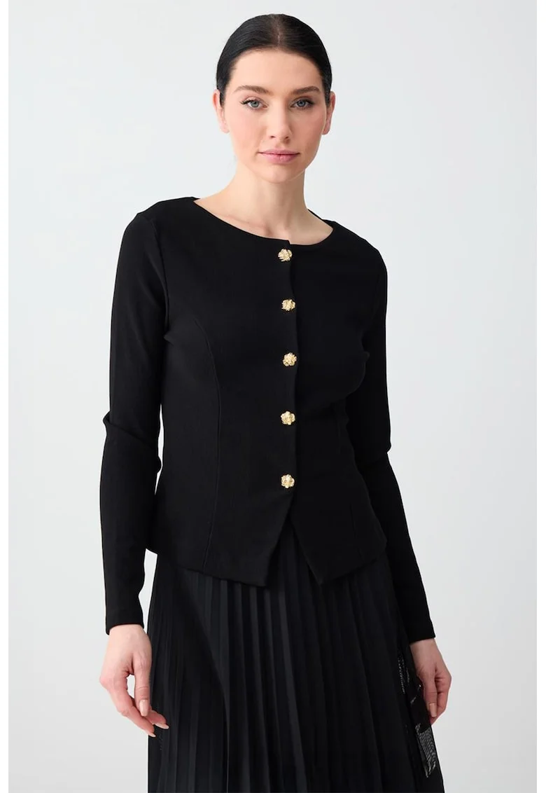 Cardigan cu nsaturi si decolteu rotund, Negru