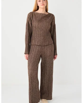 Pantaloni striati cu insertii de lurex, Caramel