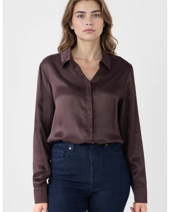 Camasa de satin cu guler clasic, Maro inchis