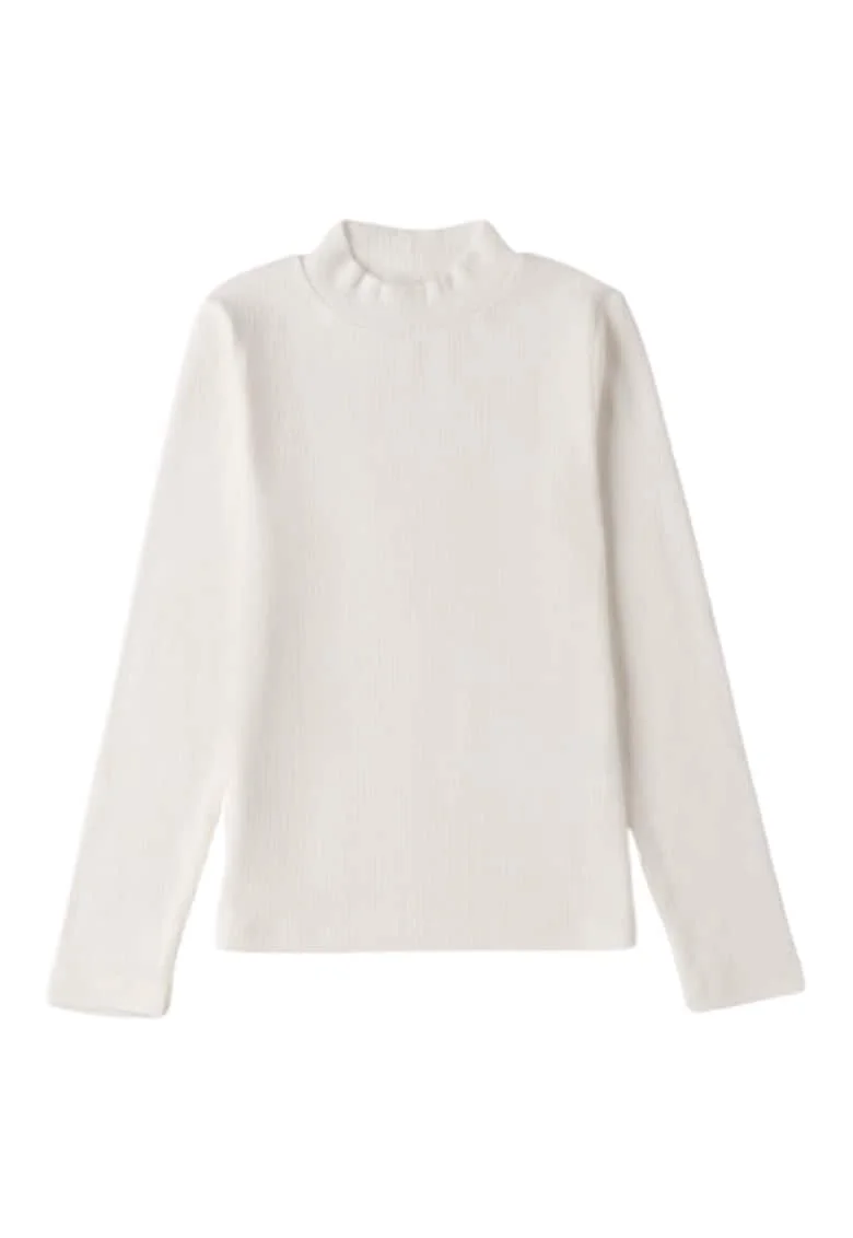 Bluza fete iDO din bumbac elastic reiat, guler inalt, Alb crem
