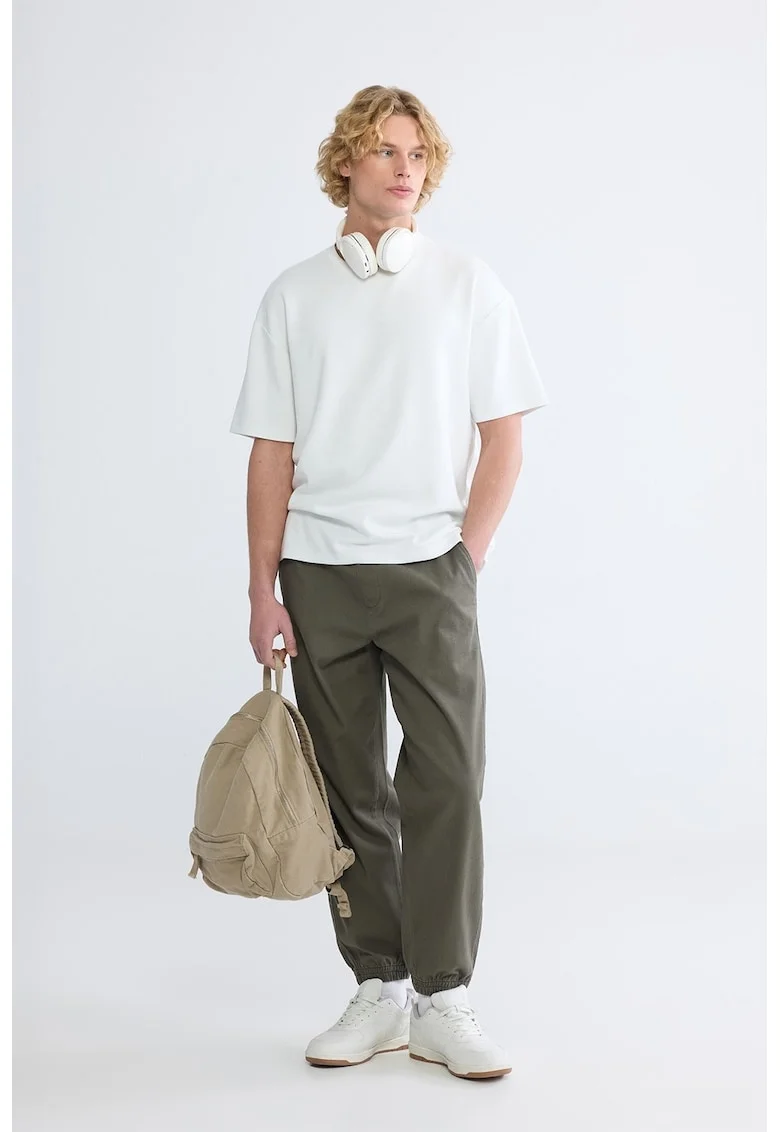 Pantaloni cu snur de ajustare si buzunare laterale, Kaki inchis